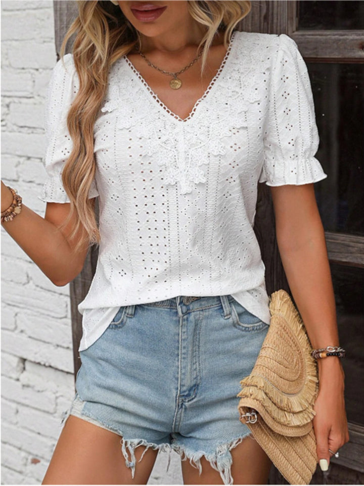 Eyelet Lace Detail V-Neck Flounce Sleeve Blouse