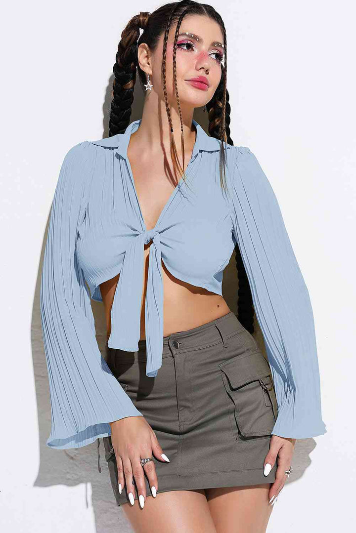 Tie Front Johnny Collar Flare Sleeve Cropped Top