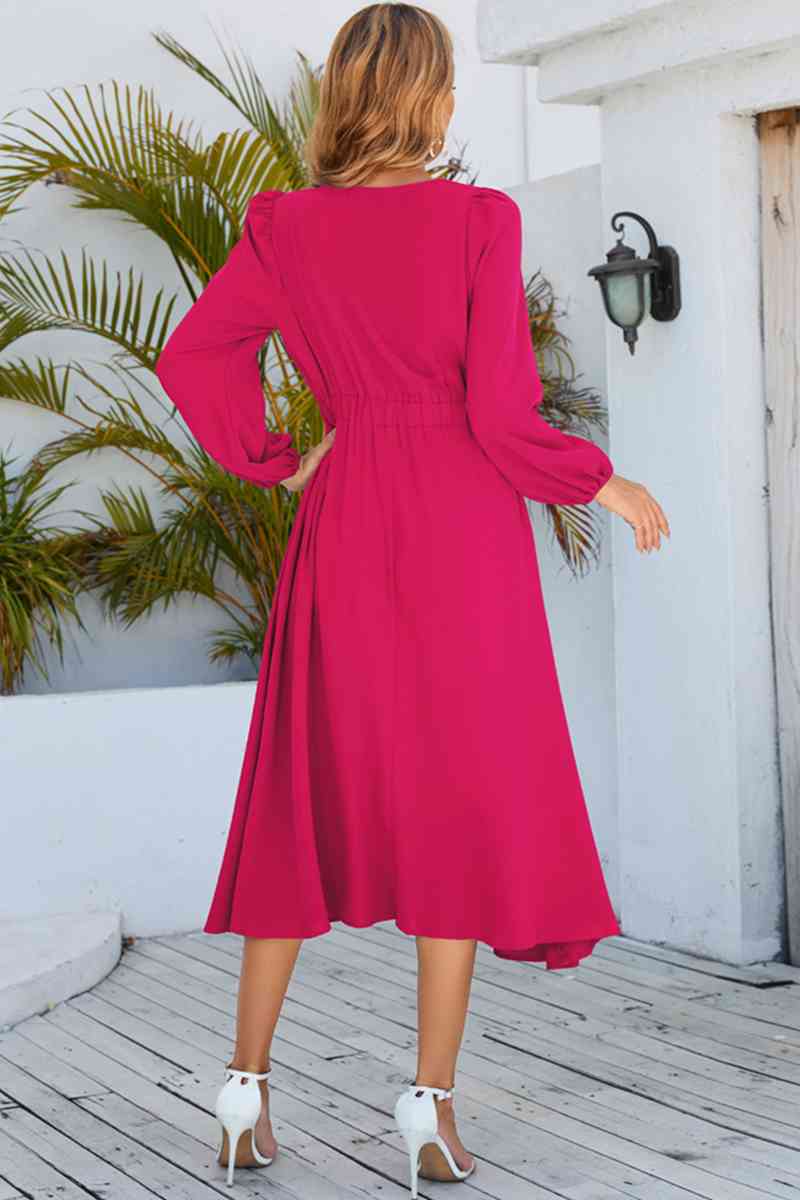 hot pink long sleeve midi dress Hot Pink Pleated Detail Long Sleeve Midi Dress