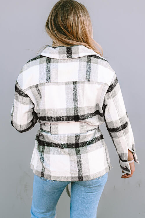 Plaid Tie Front Collared Neck Jacket