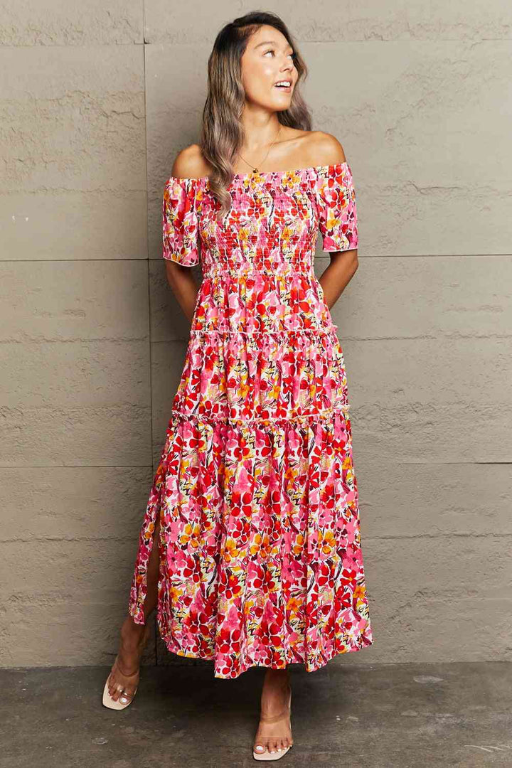 Floral Off-Shoulder Frill Trim Maxi Dress