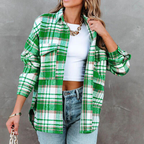 Plaid High-Low Collared Neck Jacket with Pockets