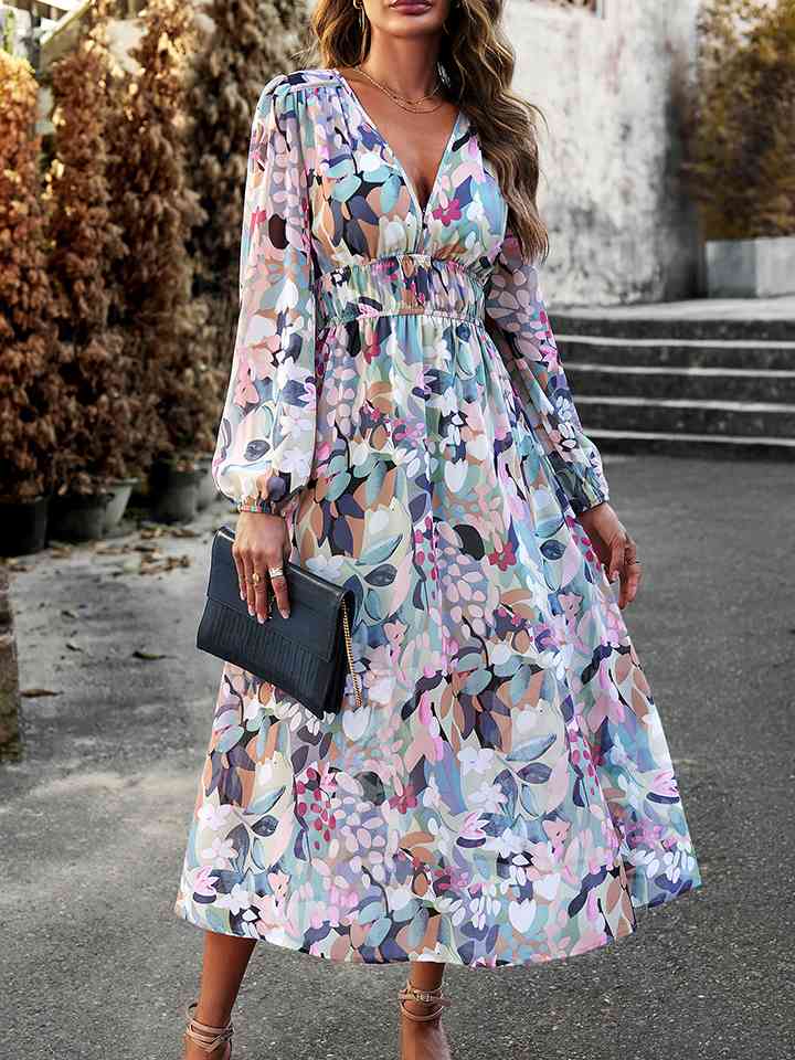 Printed V-Neck Long Sleeve Midi Dress