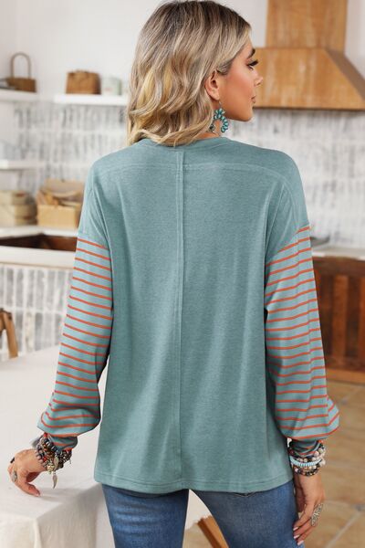 Striped Round Neck Lantern Sleeve Sweatshirt