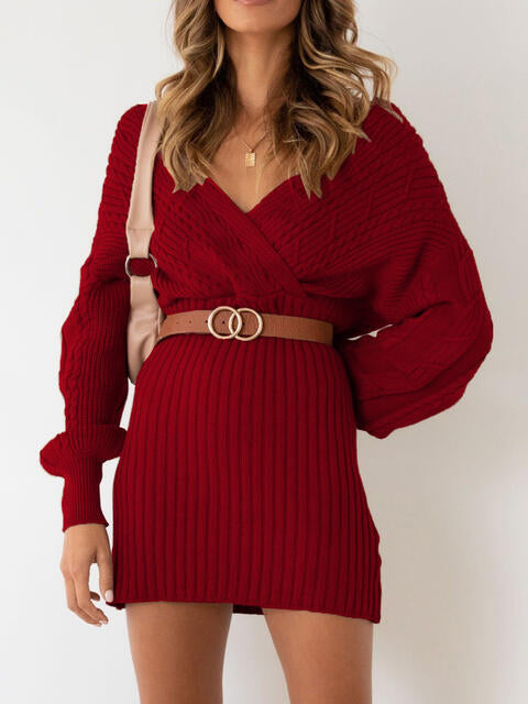 Surplice Neck Long Sleeve Sweater Dress