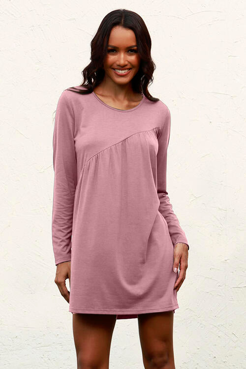 Ruched Round Neck Long Sleeve Dress