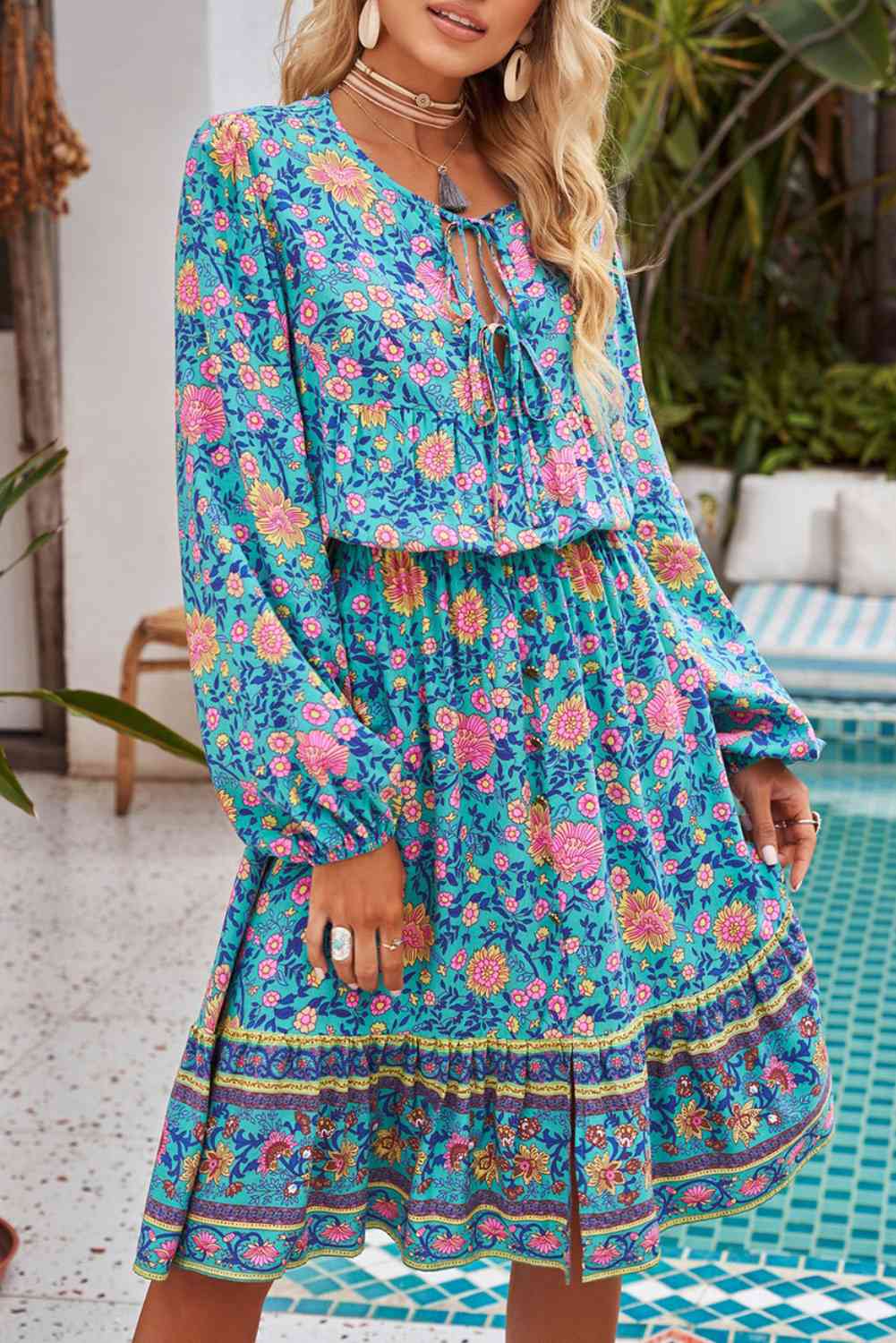 Bohemian Tie Neck Balloon Sleeve Dress