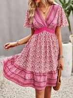 Floral Print Bohemian Style V-Neck Flutter Sleeve Dress