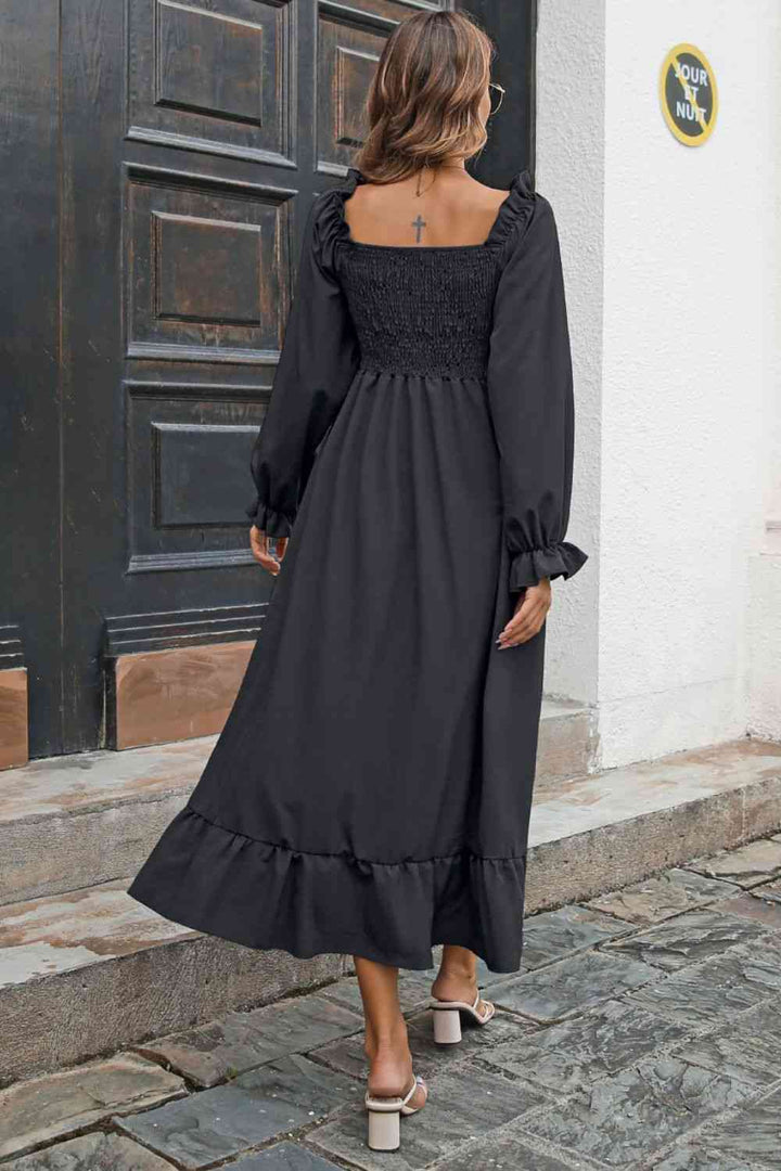 Smocked Ruffle Hem Flounce Sleeve Dress