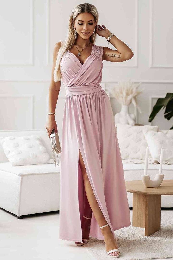 Surplice Neck Spliced Lace Split Maxi Dress