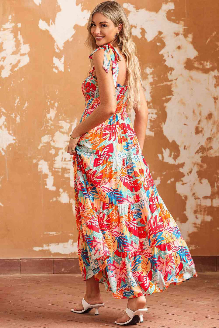 Printed Tie Shoulder Smocked Tiered Maxi Dress