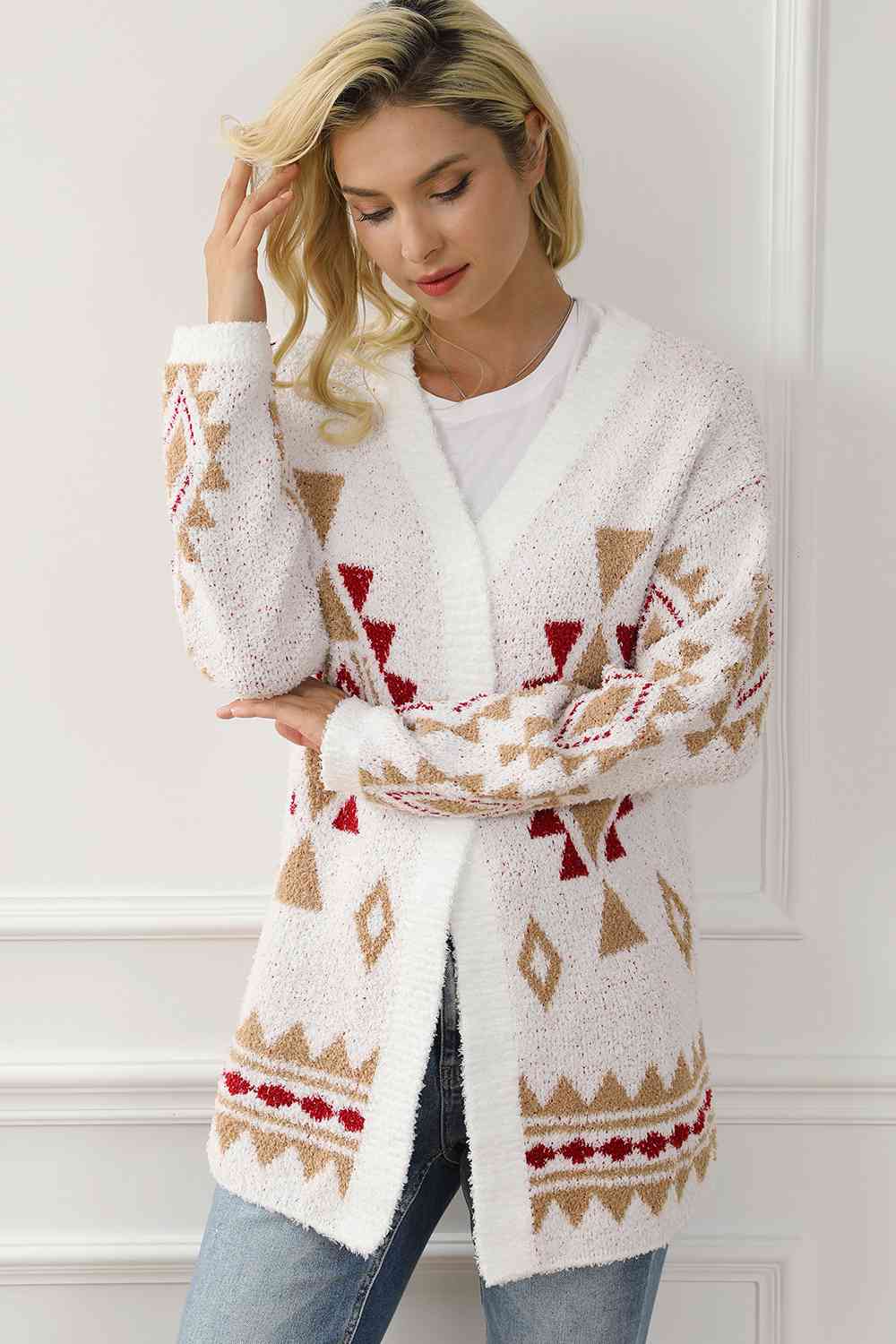 Geometric Open Front Long Sleeve Cardigan