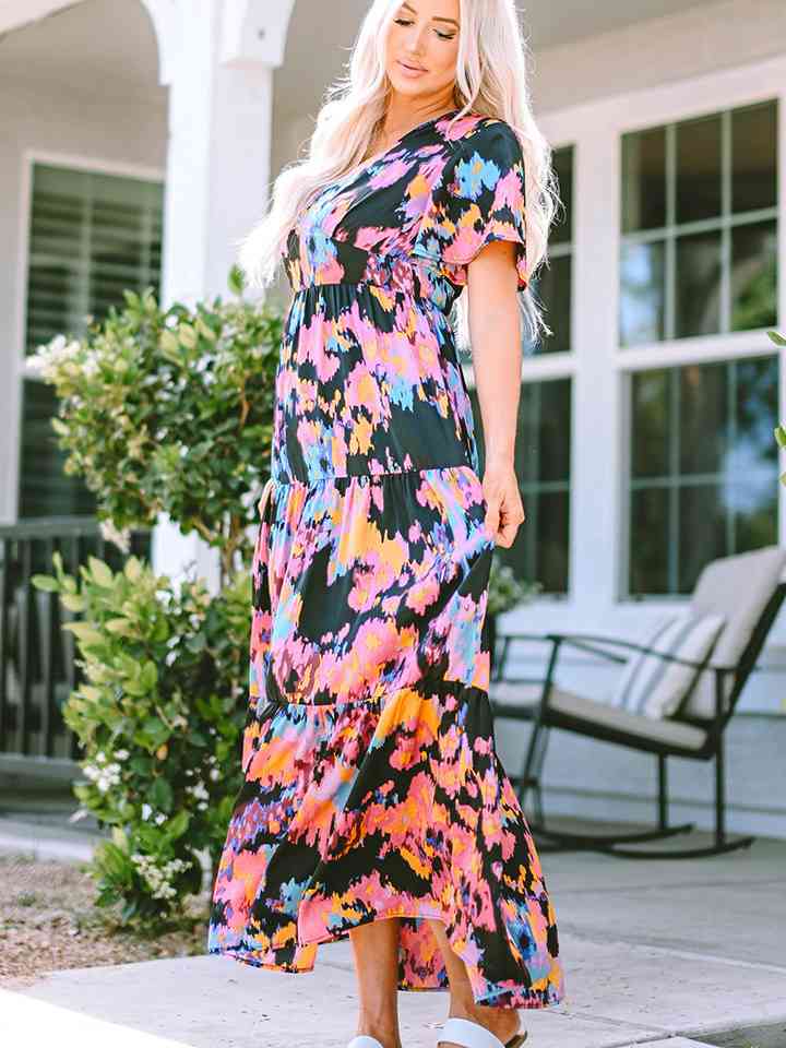 Printed V-Neck Short Sleeve Maxi Dress