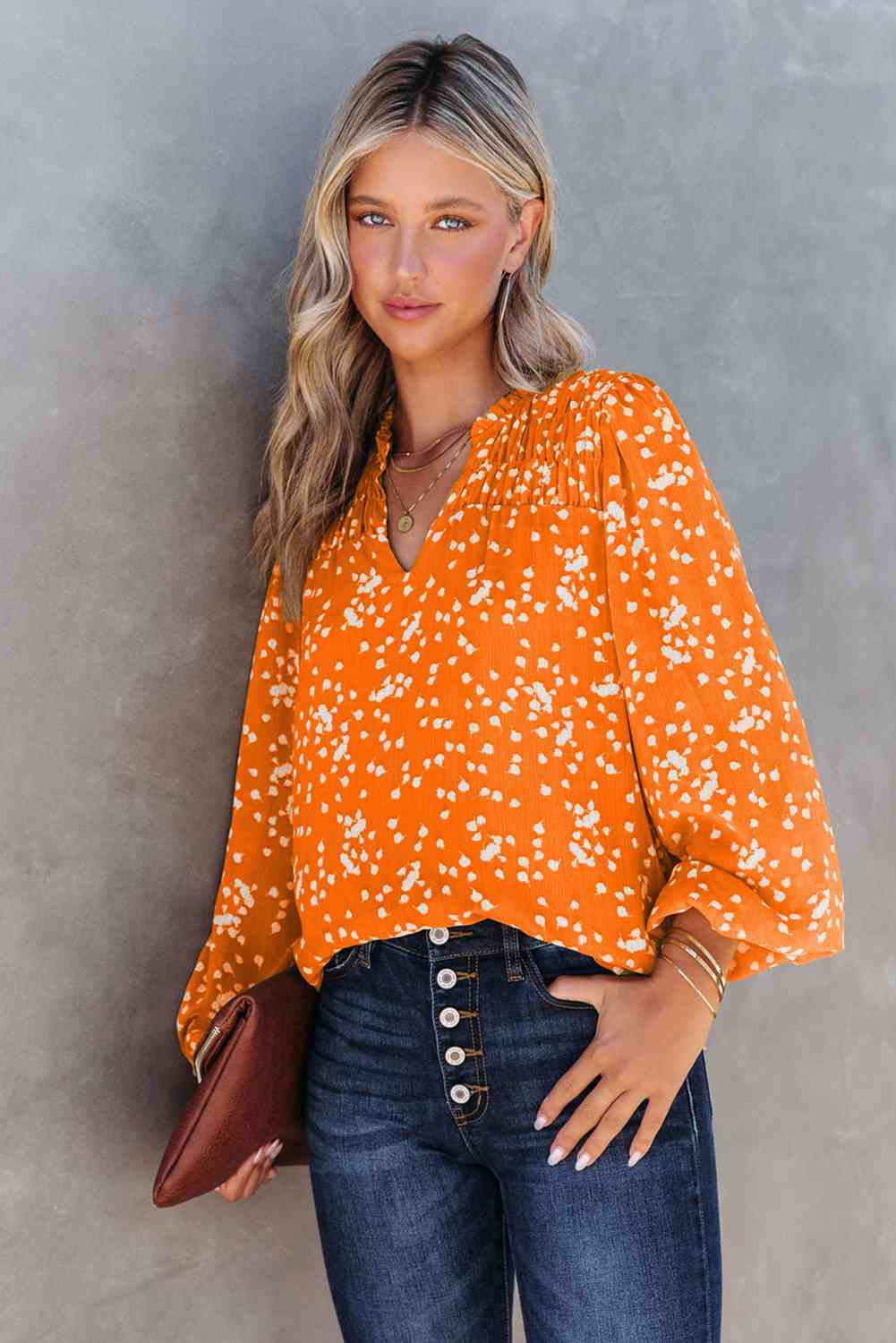 Double Take Printed Notched Neck Smocked Blouse