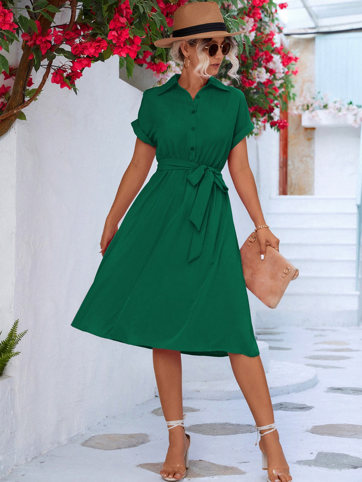 Buttoned Tie Waist Short Sleeve Dress