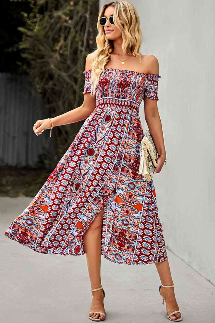 Bohemian Off-Shoulder Frill Trim Split Dress