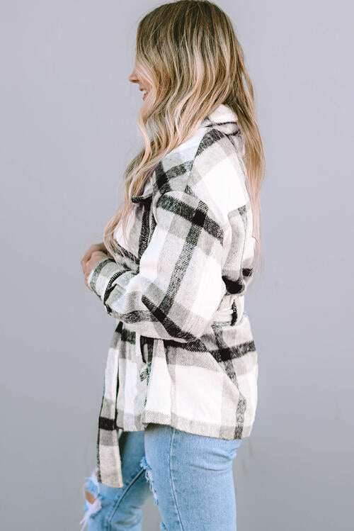 Plaid Tie Front Collared Neck Jacket