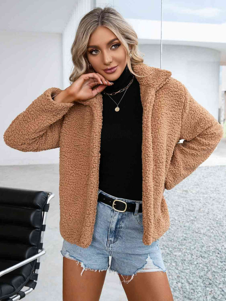 Collared Neck Open Front Faux Fur Outerwear