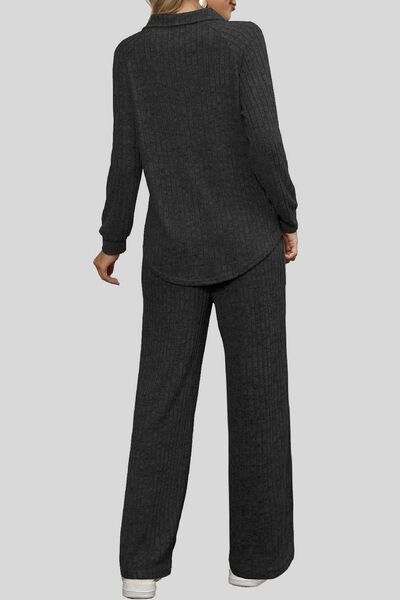 Ribbed Long Sleeve Top and Pocketed Pants Set