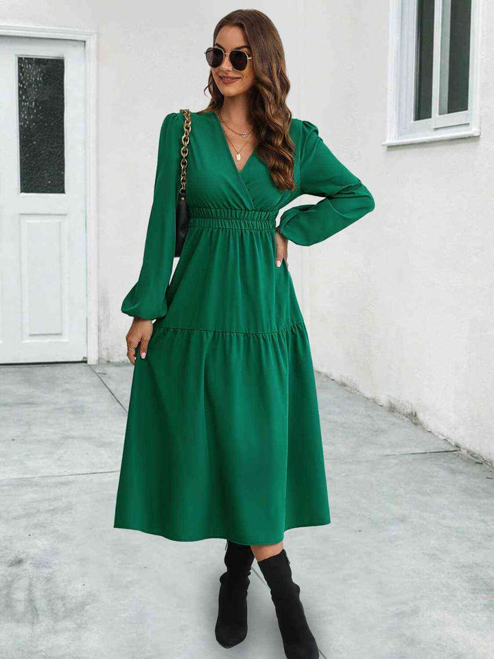 Surplice Neck Long Sleeve Midi Dress