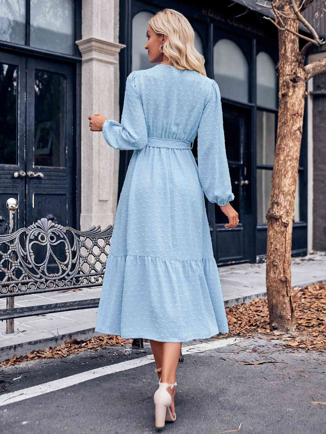 Swiss Dot Belted Surplice Puff Sleeve Midi Dress