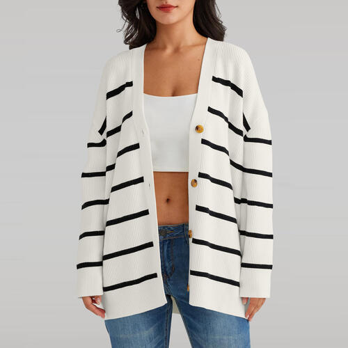 Striped V-Neck Long Sleeve Cardigan