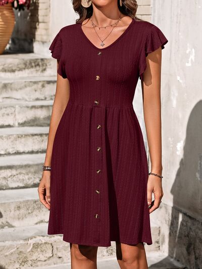 Decorative Button Ruffled V-Neck Dress