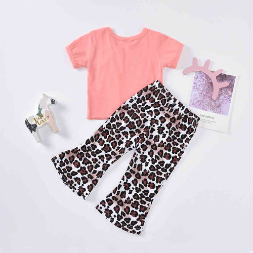 Girls Bow Detail Top and Leopard Flare Pants Set