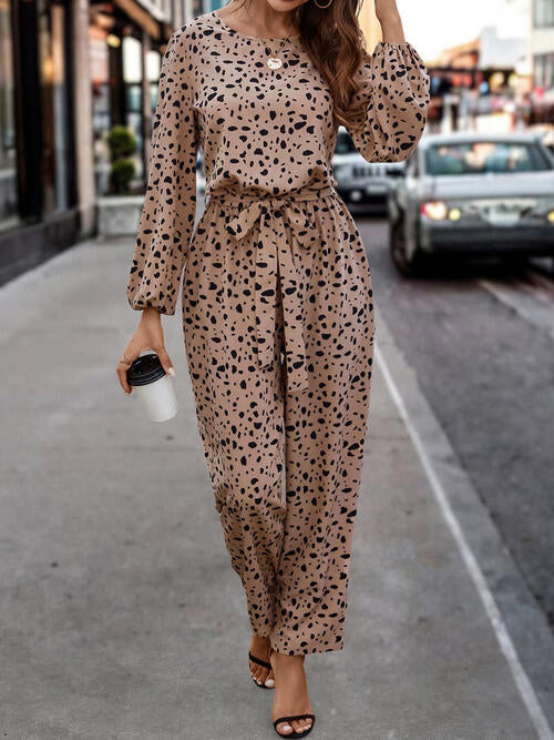 Leopard Tie Front Balloon Sleeve Jumpsuit