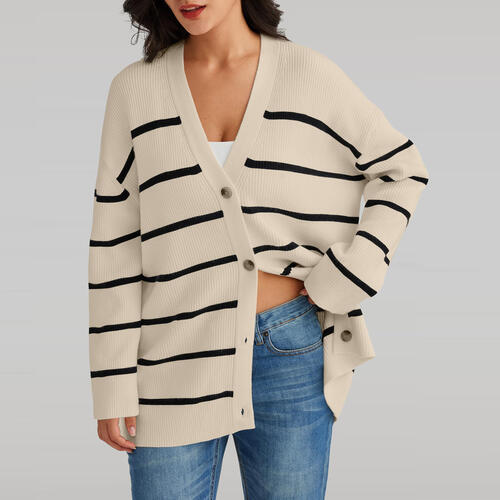 Striped V-Neck Long Sleeve Cardigan