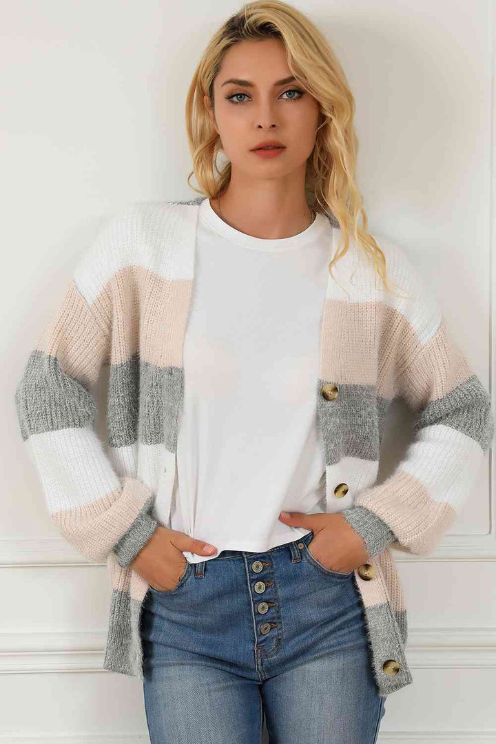 Striped ButtonUp V-Neck Long Sleeve Cardigan