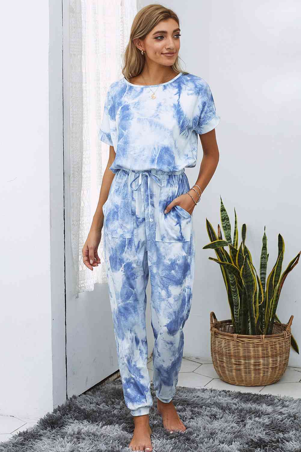 Tie-Dye Short Sleeve Jumpsuit with Pockets