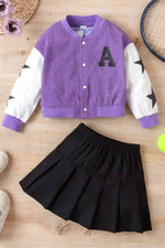Girls Contrast Bomber Jacket, Tank, and Pleated Skirt Set
