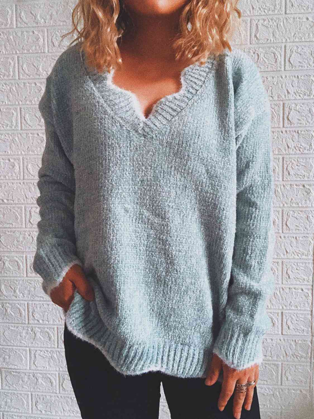 Notched Dropped Shoulder Long Sleeve Sweater