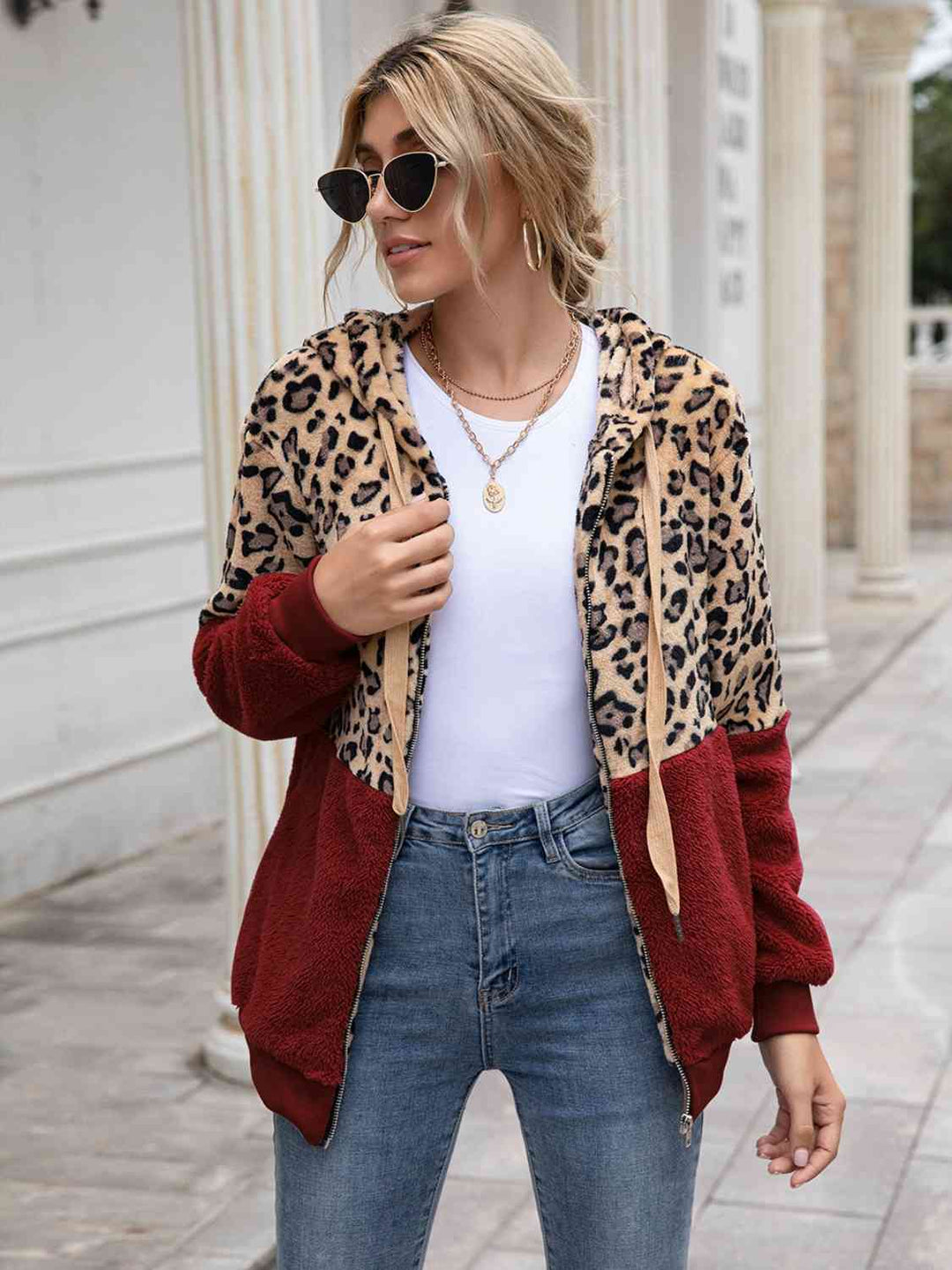 Leopard Drawstring Hooded Long Sleeve Outerwear