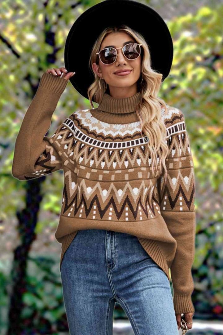 Geometric Turtleneck Long Sleeve Sweater