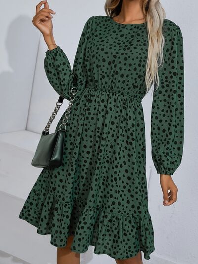 Printed Round Neck Balloon Sleeve Dress