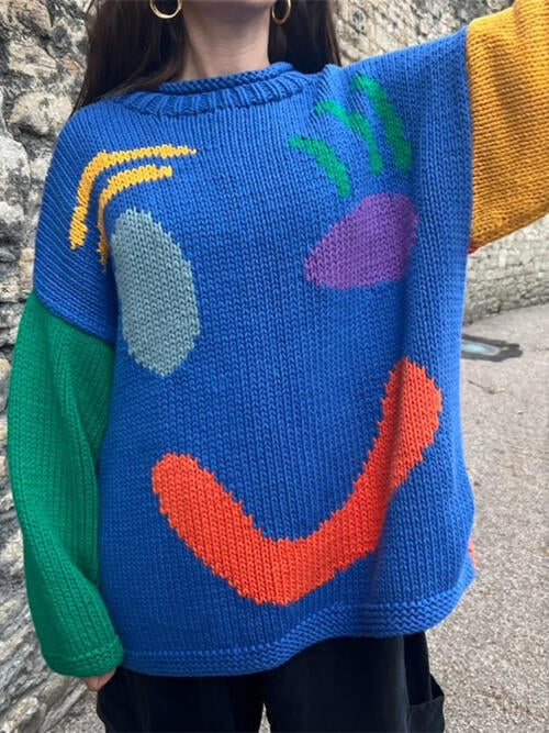 Contrast Drop Shoulder Long Sleeve Sweater