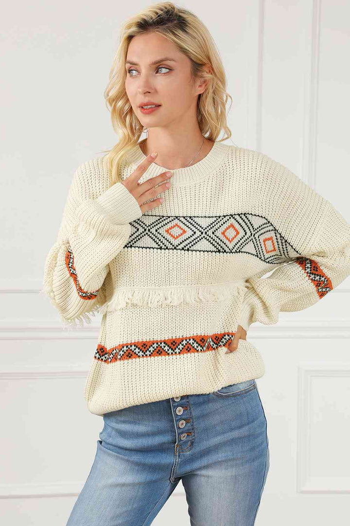 Geometric Round Neck Fringe Detail Sweater