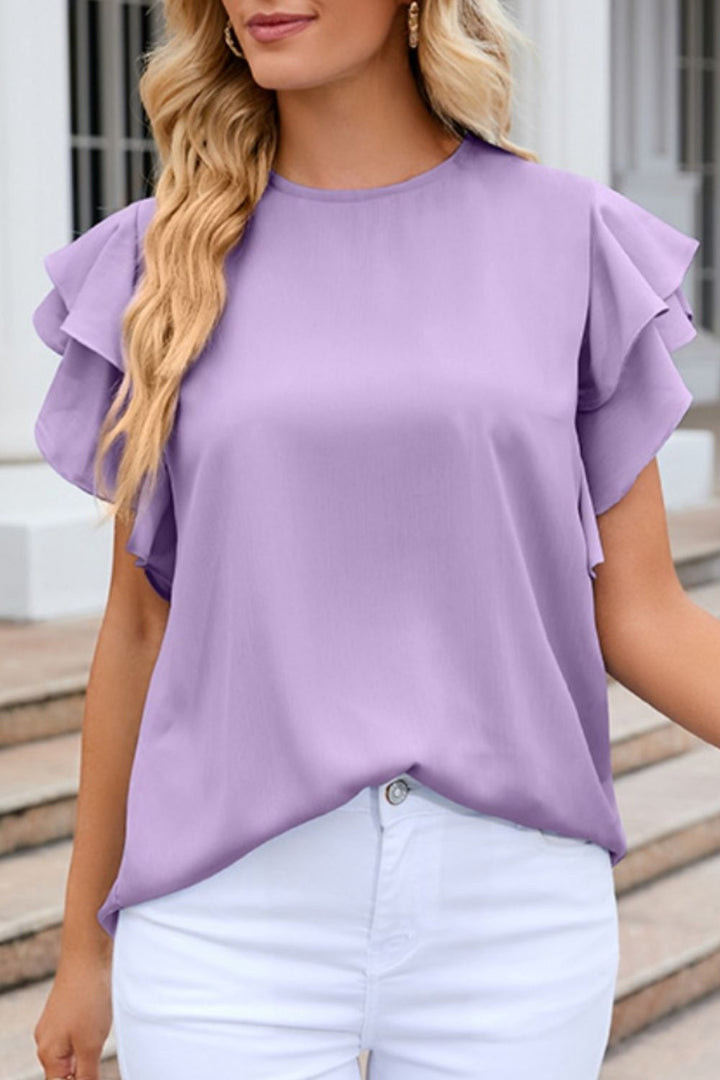 Ruffled Round Neck Cap Sleeve Blouse