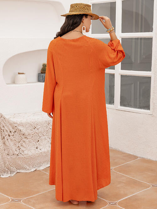 Plus Size Tie Neck Long Sleeve Slit Dress