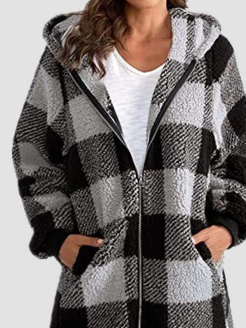 Plaid Zip Up Hooded Jacket with Pockets