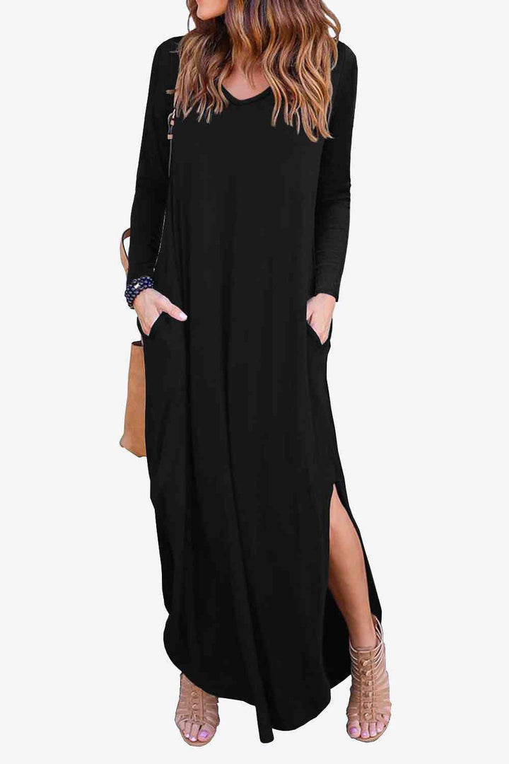 Split Long Sleeve V-Neck Maxi Dress