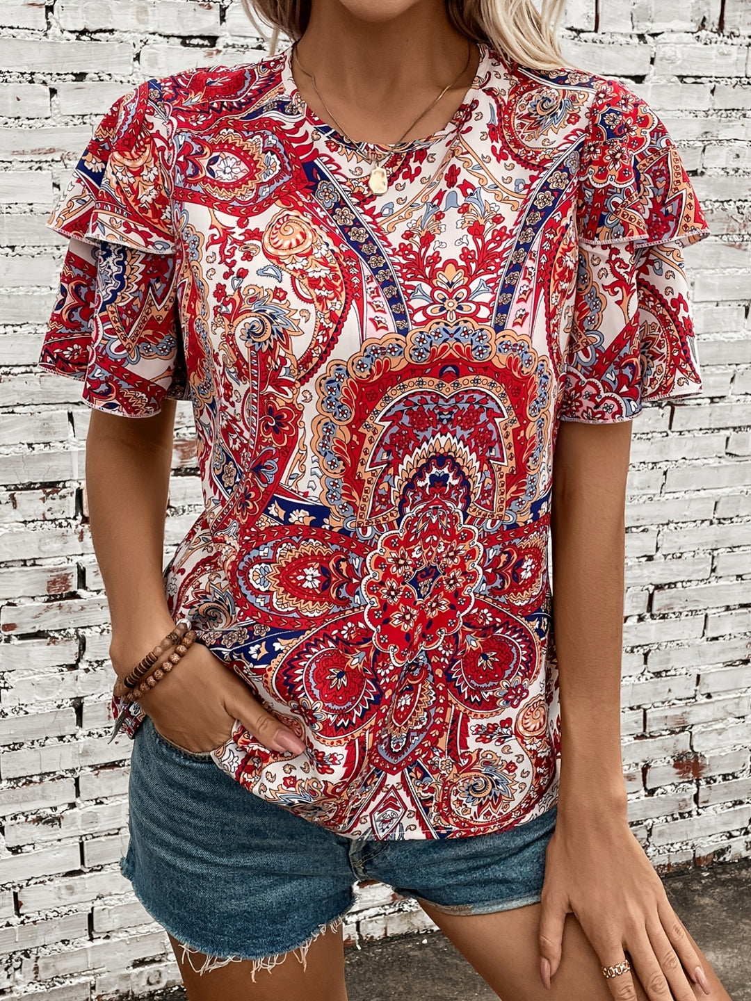 Printed Round Neck Short Sleeve Blouse