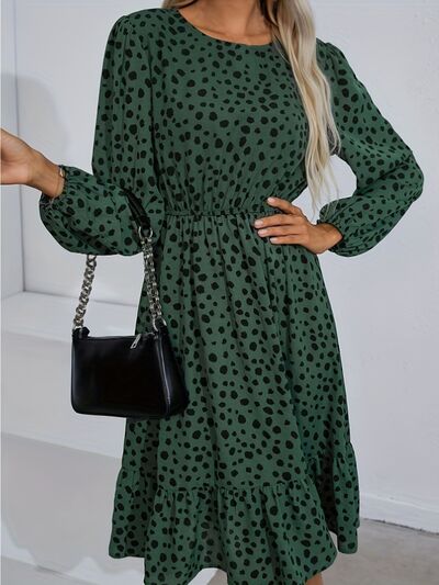 Printed Round Neck Balloon Sleeve Dress