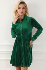 Ruched Button Up Collared Neck Long Sleeve Shirt Dress