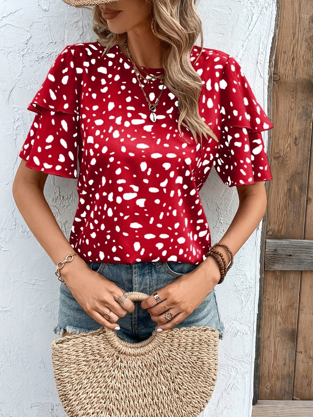 Printed Round Neck Short Sleeve Blouse