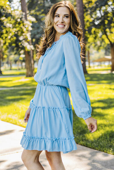 Frill Tie Neck Balloon Sleeve Dress