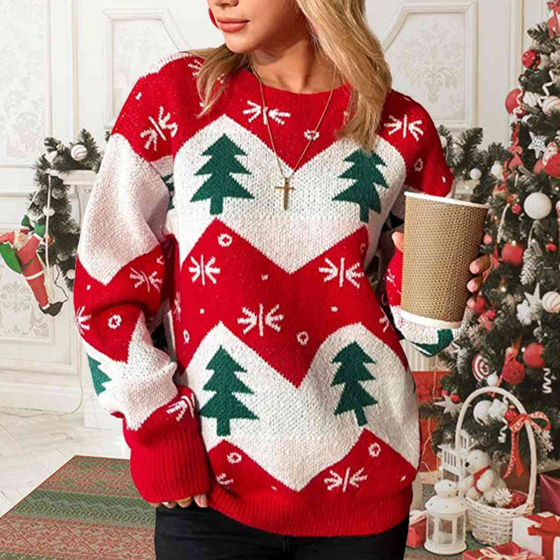 Christmas Tree Print Round Neck Sweater