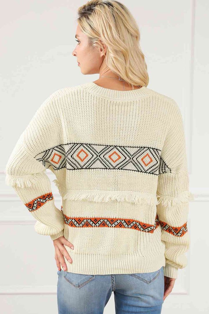 Geometric Round Neck Fringe Detail Sweater